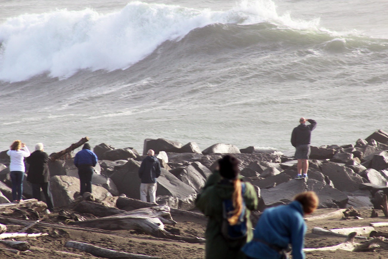 Angelo Bruscas/North Coast News: High seas make for a photographic moment to witness the power of the recent storm at the North Jetty in Ocean Shores on Friday afternoon.