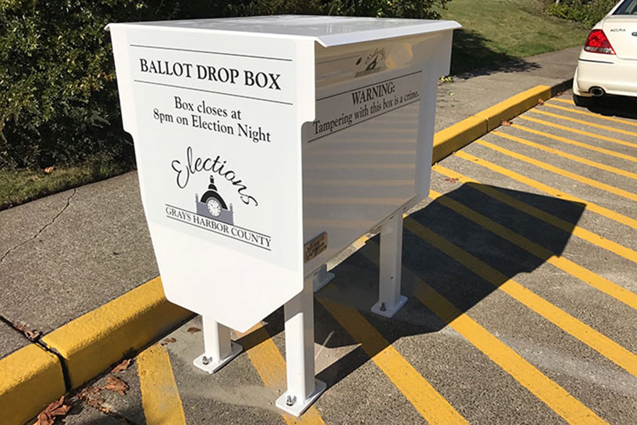 (Photo by Mark Cox)                                A new drive-up ballot drop box recently was installed in Montesano at the corner of First Street and Broadway Avenue. The general election is Nov. 8.