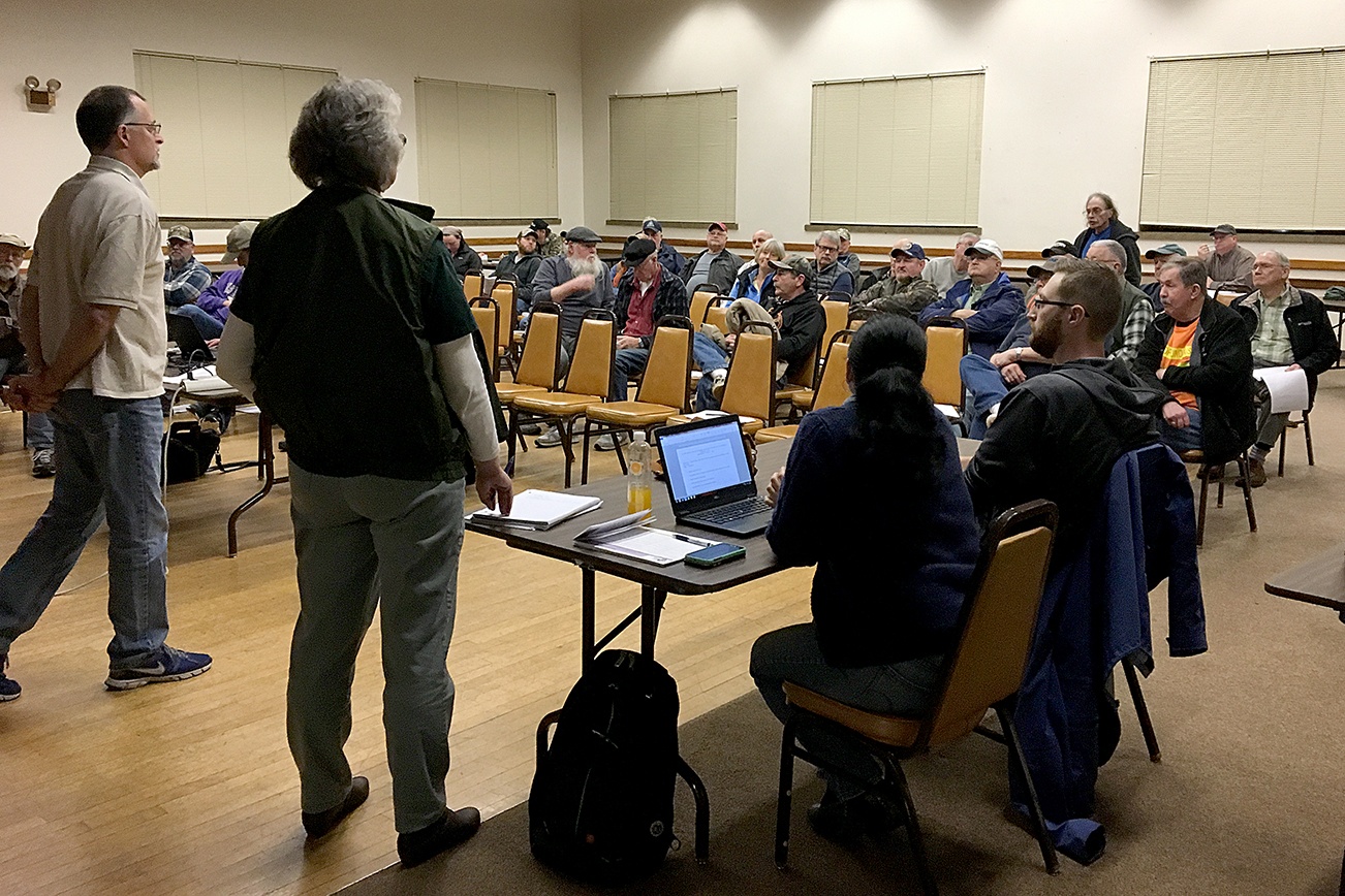 Dozens of people attended the Department of Fish and Wildlife’s Grays Harbor/Willapa Bay salmon forecast meeting Wednesday at the Montesano City Hall. Pictured fielding questions are Grays Harbor biologist Mike Scharpf and Annette Hoffmann, Fish and Wildlife Region 6 fish program manager.