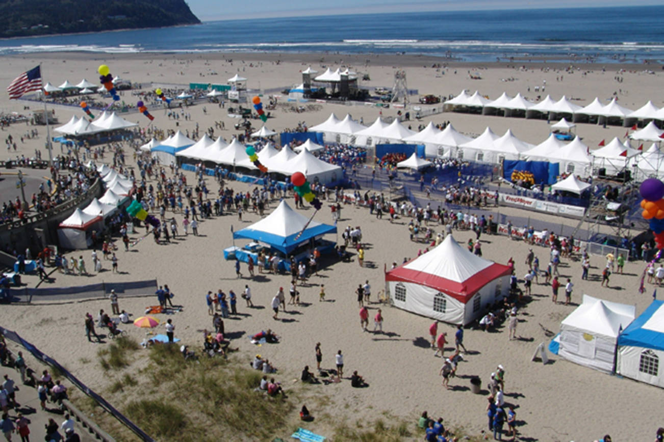 Photo from Coastweekend.com: The annual beach volleyball tournament at Seaside, OR includes sponsor and vendor booths on the beach, similar to the request in Ocean Shores for the upcoming Beach Blast Volleyball event from July 6-9.