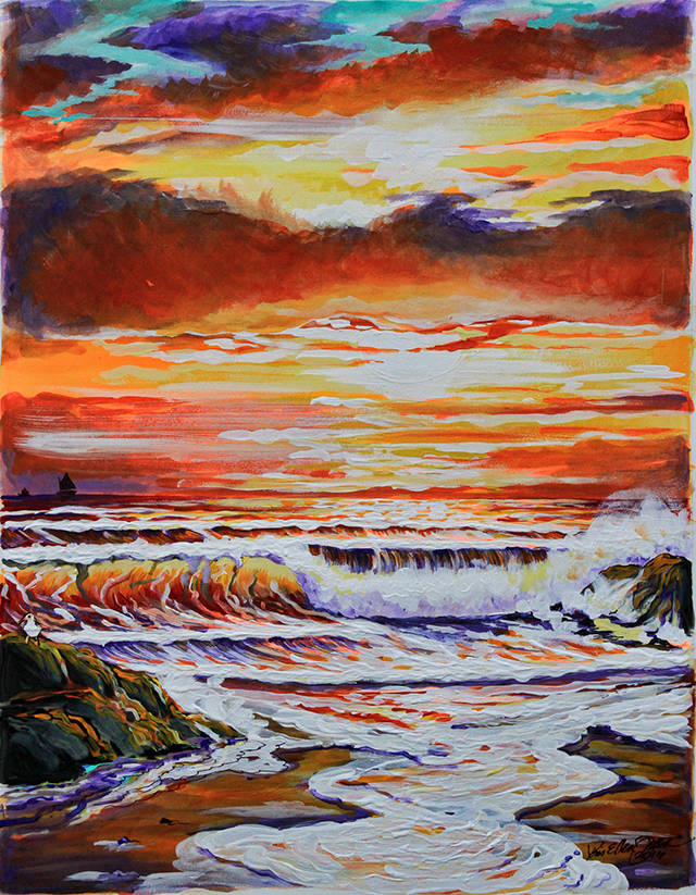 This untitled acrylic painting by Raymond area artist Kris Ellen Jenott won the poster contest for this year’s AAOS Fine Arts, Photography and 3D Show. It will be matted and framed and sold at auction during the show, this Saturday and Sunday at the Ocean Shores Convention Center. Image courtesy Associated Arts of Ocean Shores.