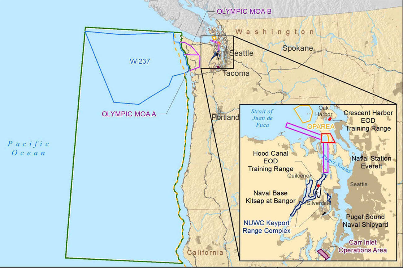 Northwest Training and Testing Supplement map for the Navy’s ongoing training area over the Olympic National Park and Pacific Coast.
