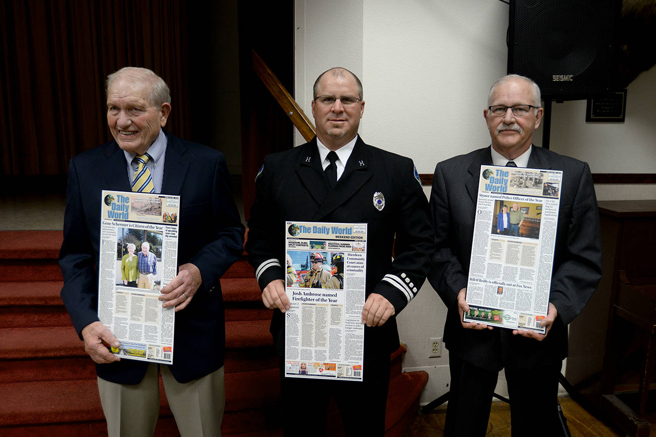 DAN HAMMOCK | THE DAILY WORLD                                The Daily World’s annual Citizen of the Year banquet was held May 11 at the Hoquiam Elk’s Lodge. Pictured left to right are Citizen of the Year Dr. Eugene Schermer, Firefighter of the Year Josh Ambrose, and Police Officer of the Year Mike Styner.