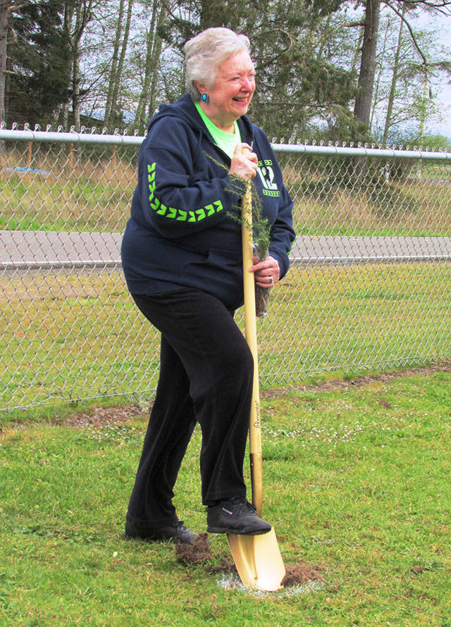 Scott Johnston photo: Mayor Crystal Dingler begins to dig a hole for a tree planting at North Bay Park on Saturday.