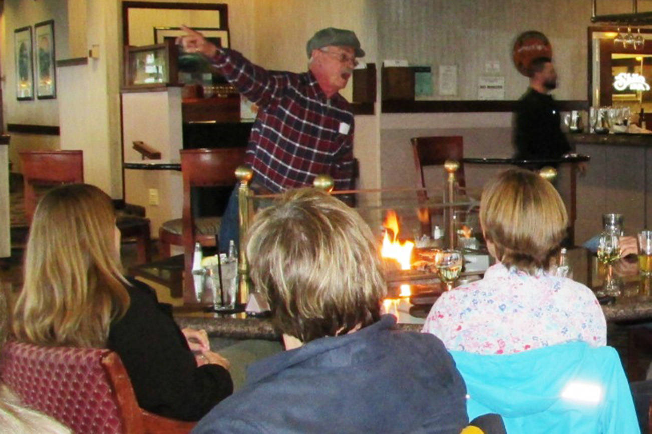 Scott D. Johnston photo Mike Preston gives the history of the unhistorical Ocean Shores event known as “Undiscovery” Day at the Shilo Inn.