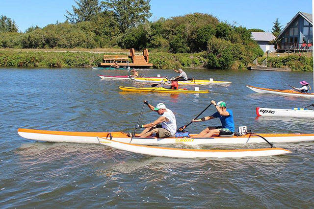 Angelo Bruscas/North Coast News: The start of the two-mile race was hotly contested at the Paddle of the Shores competition hosted by Oyhut Bay and the Fresh Waterways Corp. in Ocean Shores on Saturday.