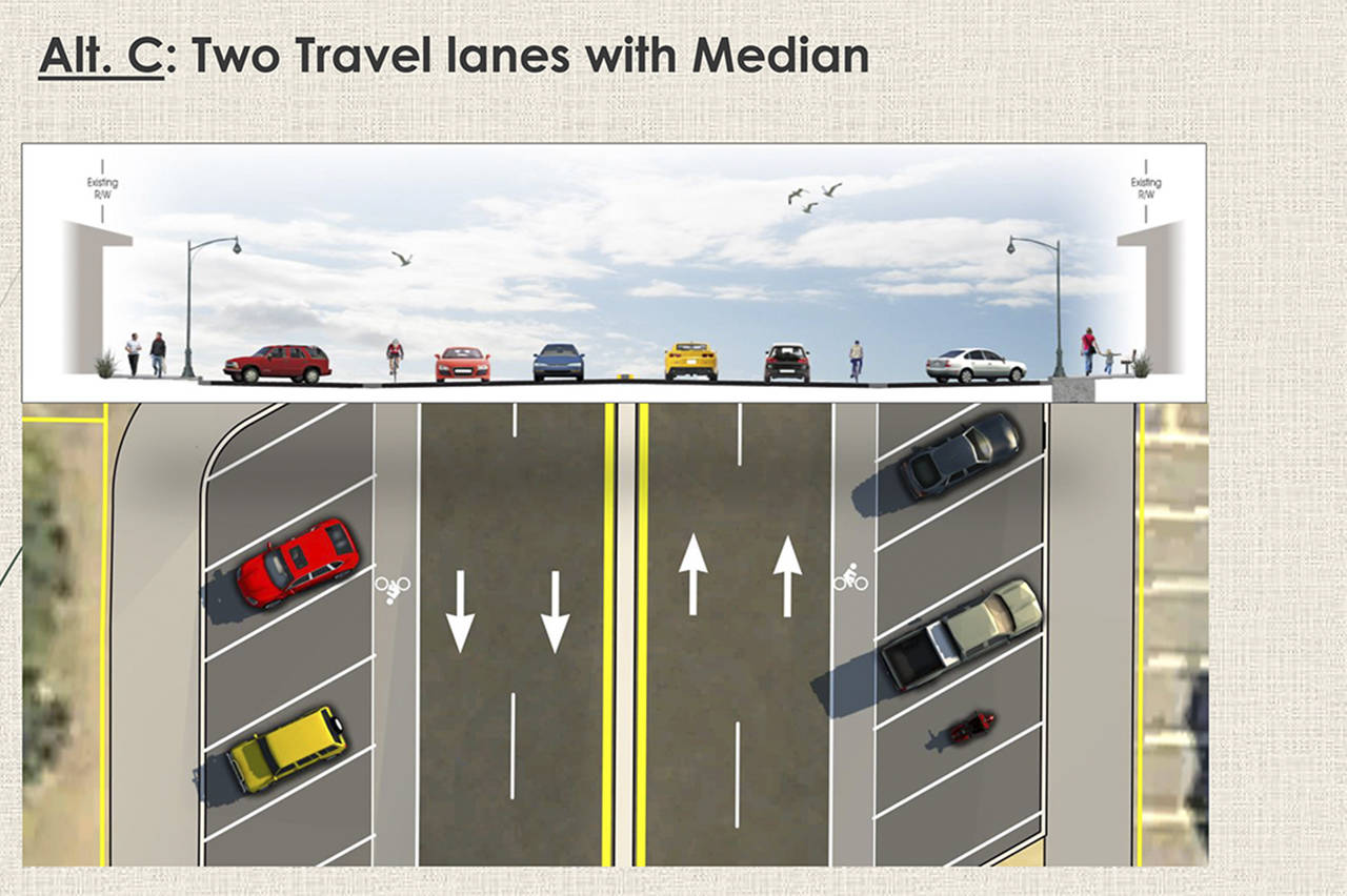 This rendering of Alternative C has two lanes going in each direction and angled head-in parking along Pt. Brown.