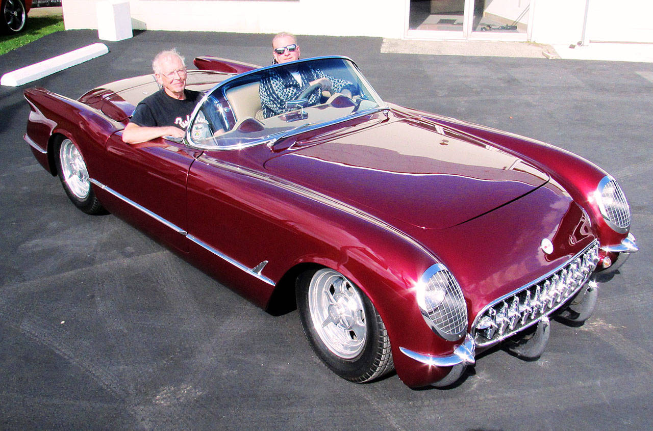 Ed Duncan (in sunglasses) and Ken Strom with the 1954 Corvette that was Ken’s, is now Ed’s, and will be in the 9th Annual Show N Shine At The Shores this Friday and Saturday at Quinault Beach Resort and Casino, produced by the Pushrods of Hoquiam. Photo by Scott D. Johnston