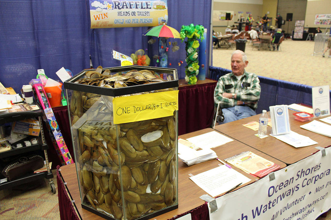 A popular contest every year is to guess how many razor clams are in this big container, hosted by the Ocean Shores Fresh Waterways Corp.
