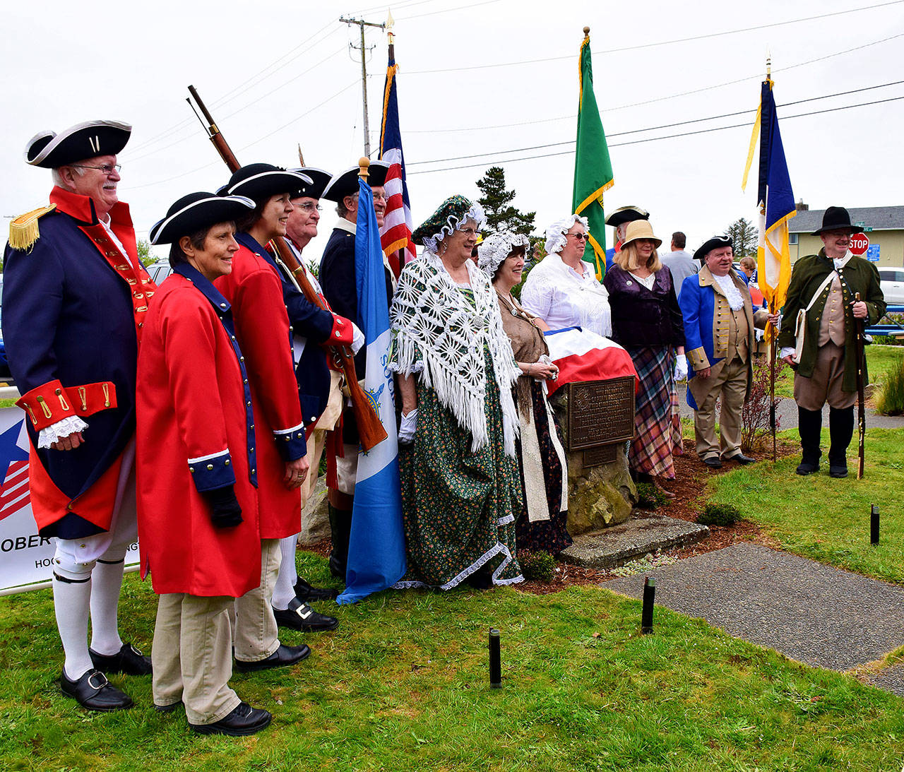 Scott D. Johnston photo The DAR’s Robert Gray Chapter in Hoquiam originally created and placed the Lone Tree Marker to commemorate the occasion on May 7, 1911. Members of that chapter were joined at the Coastal Interpretive Center for the dedication of the restored and relocated plaque on May 7, 2018, by members of five other Western Washington DAR chapters and two SAR chapters.