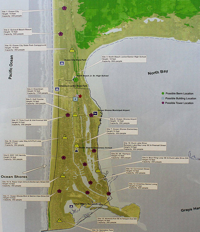 This Project Safe Haven map of Ocean Shores shows 19 potential sites for tsunami evacuation structures.