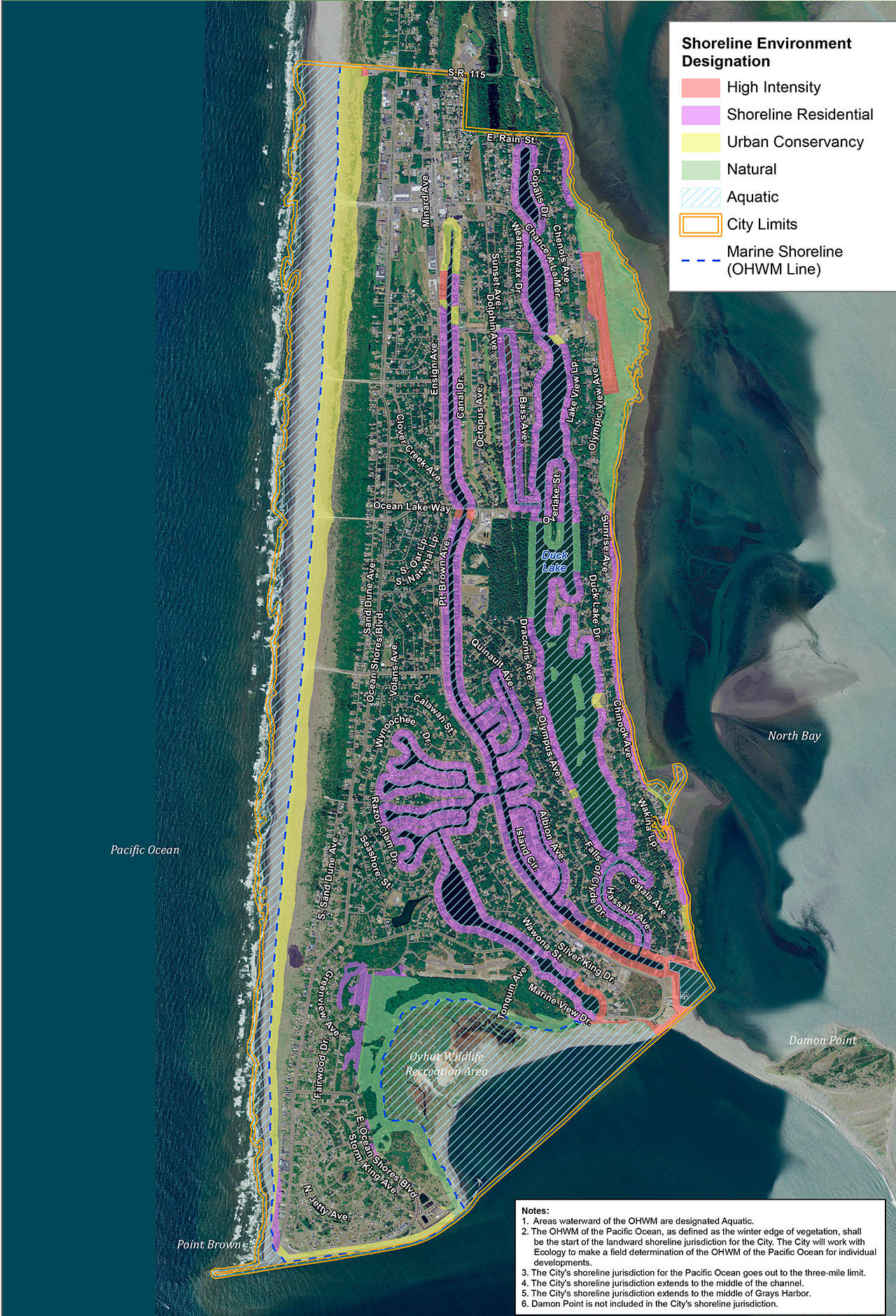The Shoreline Management Program map of the shoreline areas affected by the new update in Ocean Shores.
