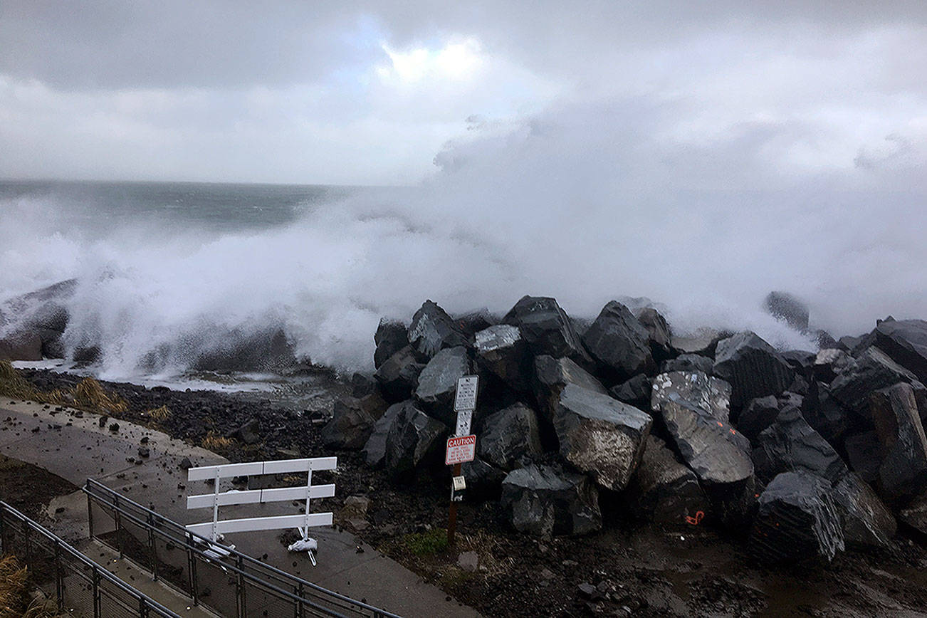 (Dan Hammock | Grays Harbor News Group) Taken from the Westport Viewing Tower, Thursday morning saw towering waves hit along Washington’s coast.