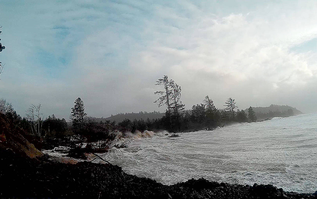 PHOTO COURTESY OF CONNIE ALLEN                                The North Cove shoreline south and east of Seamobile Drive, near the end of Old State Route 105, had been fortified in the days leading up to the high surf whipped up by 60 mph wind gusts and aided by king tides, preventing any major loss of land.