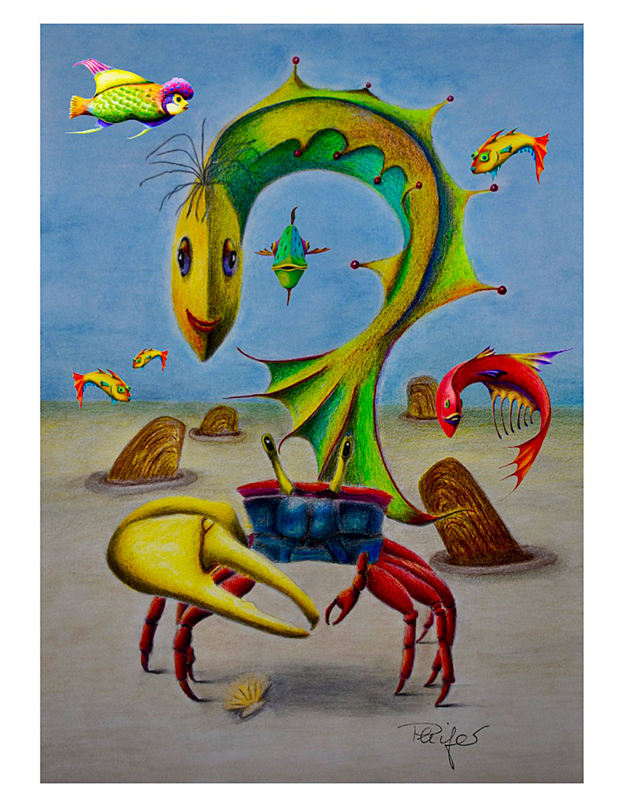 Karin Malzan Phifer’s color pencil art, ‘Underwater Playdate,’ introduces a greatly expanded Ocean Shores Razor Clam Festival