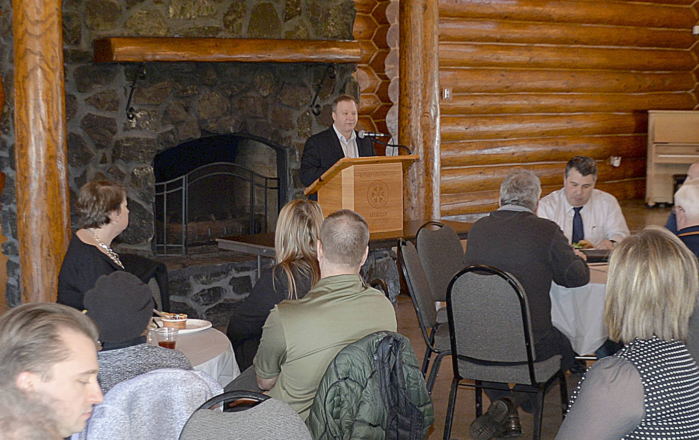 DAN HAMMOCK | GRAYS HARBOR NEWS GROUP                                Greater Grays Harbor Inc. CEO Dru Garson talks economic development at the regional chamber of commerce’s annual business forum lunch at the Rotary Log Pavilion in Aberdeen Feb. 26.