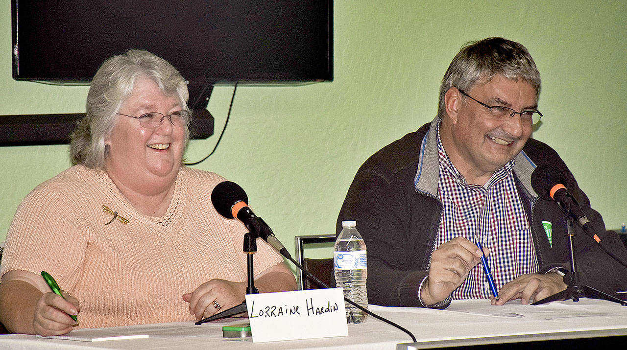 Ocean Shores City Council Position 4 candidates are challenger Lorraine Hardin, left, and incumbent Jon Martin, seen at last week’s debate at the North Beach Senior Center. (Photo by Scott D. Johnston)