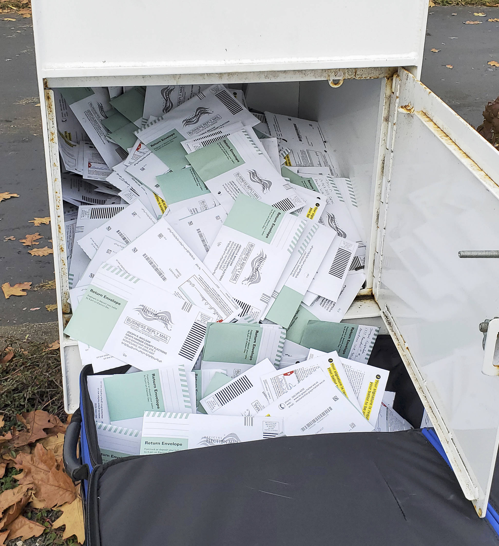 The ballot box in Hoquiam was so full Tuesday, Nov. 5, 2019, that the Auditor’s Office needed to make a special trip out to empty it. (Photo courtesy Joe MacLean, Grays Harbor County auditor)