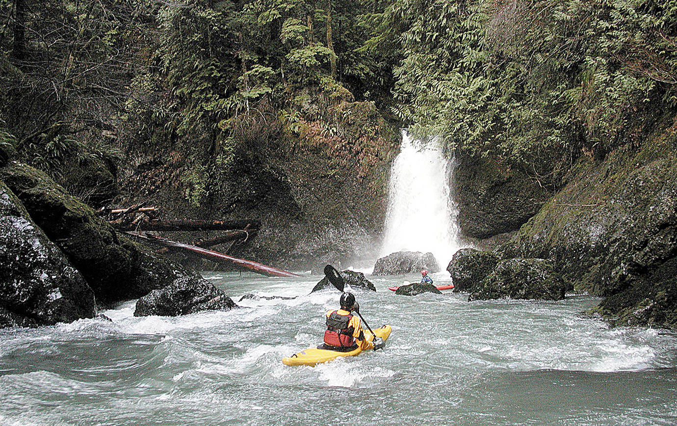 COURTESY WILD OLYMPICS CAMPAIGN                                Kayakers paddle below a waterfall on the East Fork Humptulips, a proposed Wild and Scenic River in the Olympic National Forest.