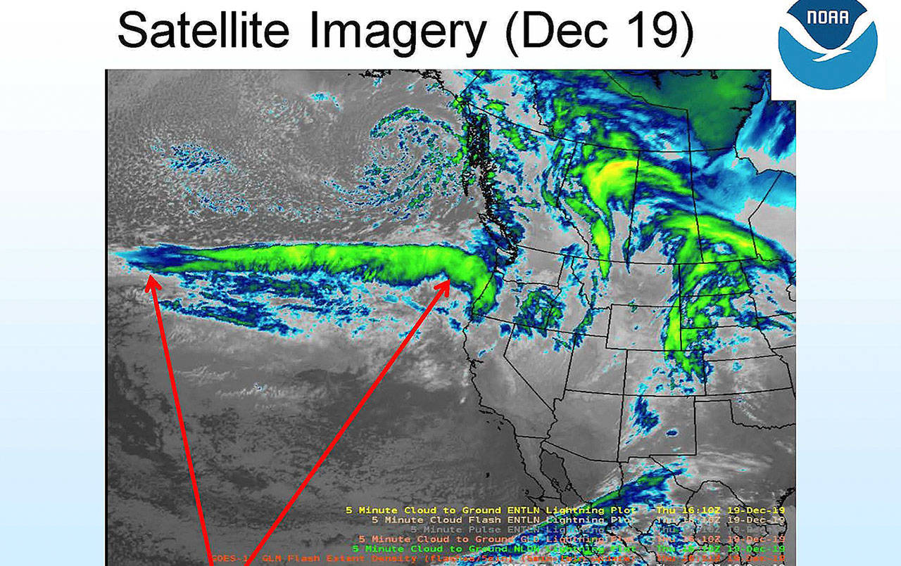 COURTESY NATIONAL WEATHER SERVICE                                A satellite image from Thursday, Dec. 19 shows the “atmospheric river” coming toward the Pacific Northwest, bringing heavy rain and the potential for some flooding.