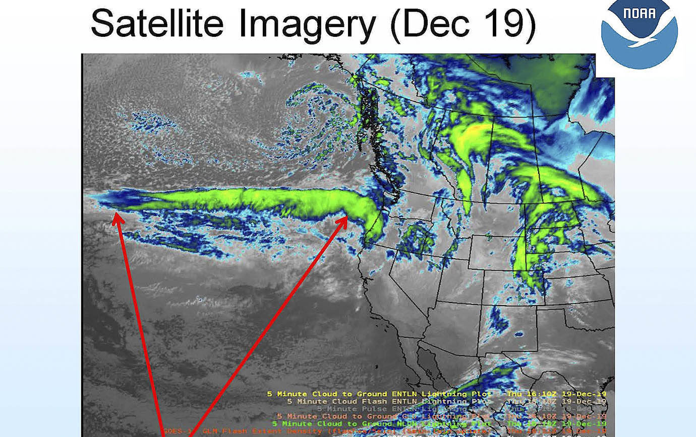 COURTESY NATIONAL WEATHER SERVICE                                A satellite image from Thursday, Dec. 19 shows the “atmospheric river” coming toward the Pacific Northwest, bringing heavy rain and the potential for some flooding.