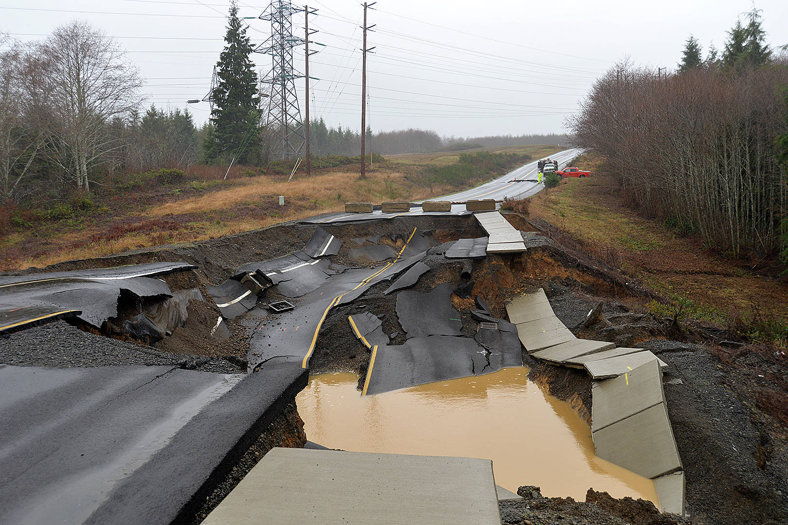 Thorin Sprandel | Grays Harbor News Group                                The landslide on Basich Boulevard in Aberdeen on Tuesday morning after heavy overnight rain.
