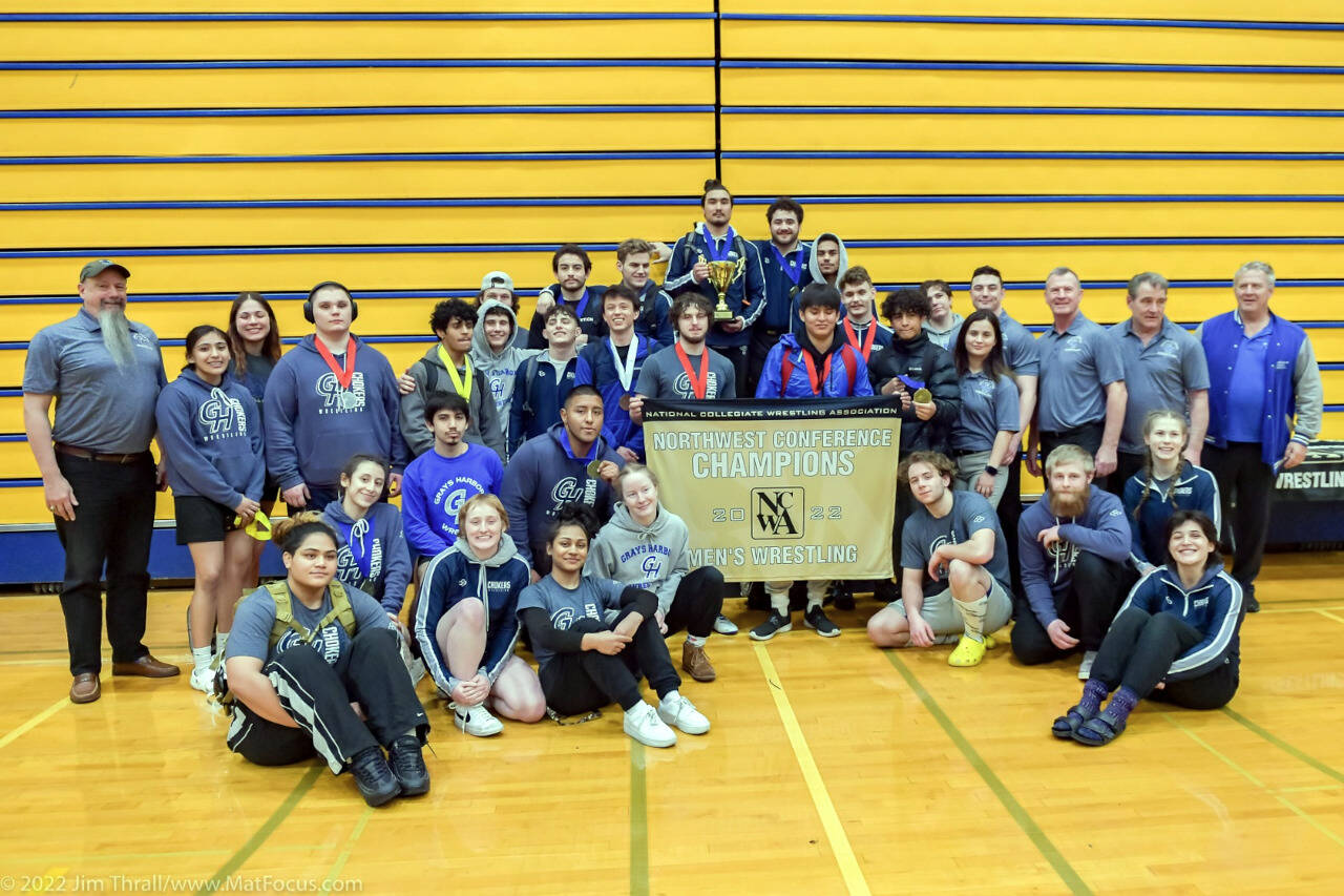 The Grays Harbor College wrestling team poses for a photo at the conclusion of the NCWA Northwest Conference Championships on Saturday at Aberdeen High School. Ryan Sparks I The Daily World