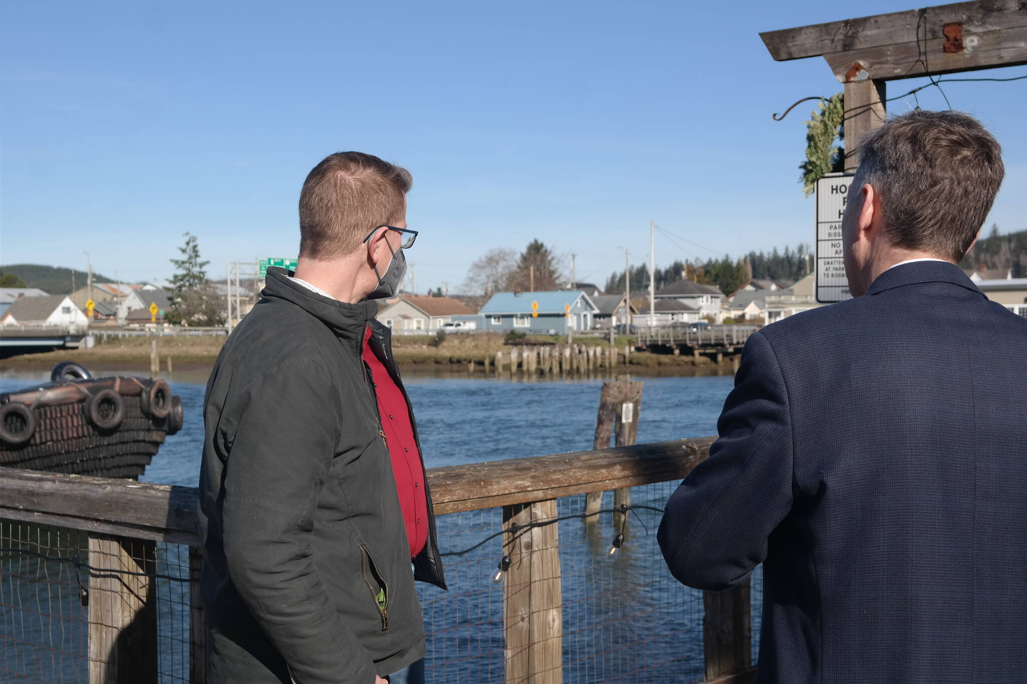 Rep. Kilmer (D-WA06) toured downtown Hoquiam with City Administrator Brian Shay and Mayor Ben Winkleman on Friday, Feb. 25, 2022. A stop along Levee Street provided a view of the proposed area for the North Shore Levee–West Segment along the Hoquiam River. Erika Gebhardt I The Daily World
