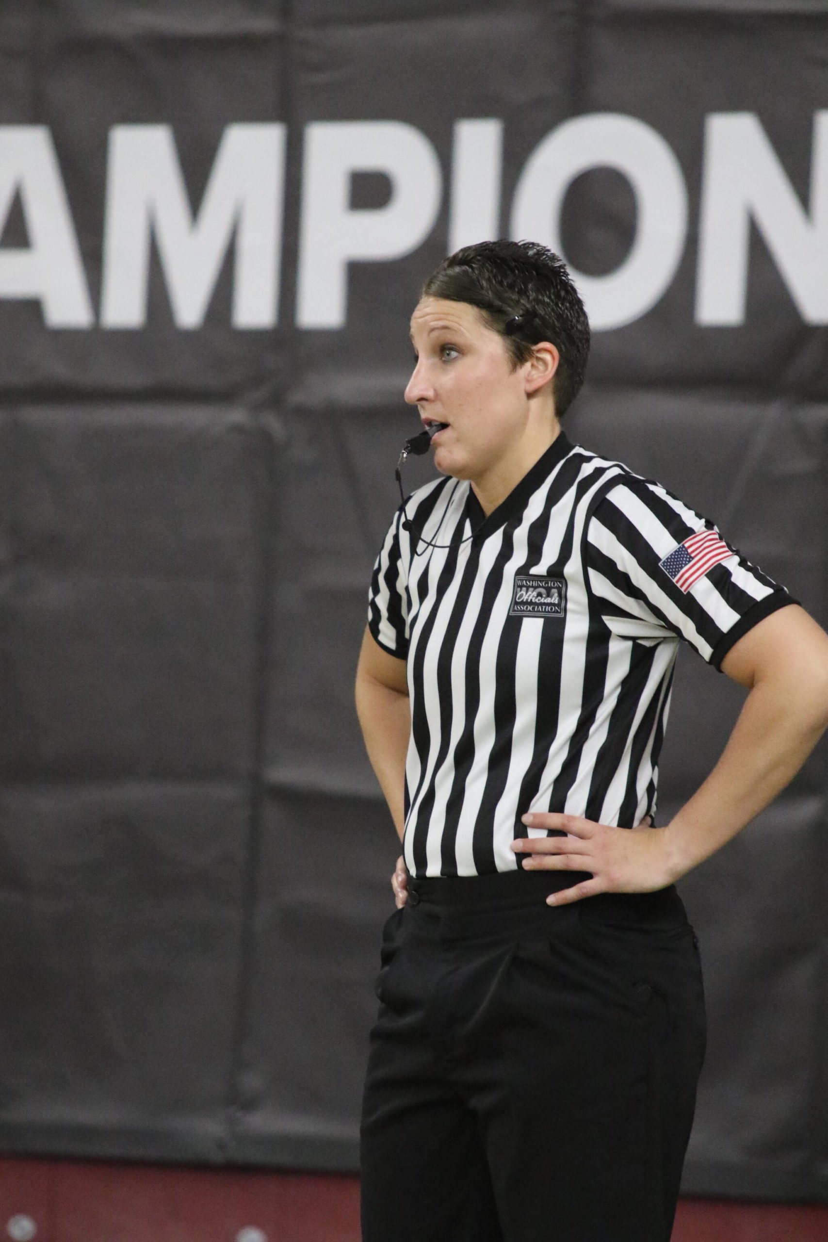 Hoquiam Middle School teacher Megan Pumphrey officiates a game at WIAA State Basketball Tournament in Yakima. Pumphrey was the only female referee present at the A-tournament level. Photo courtesy of Northwest Sports Photography