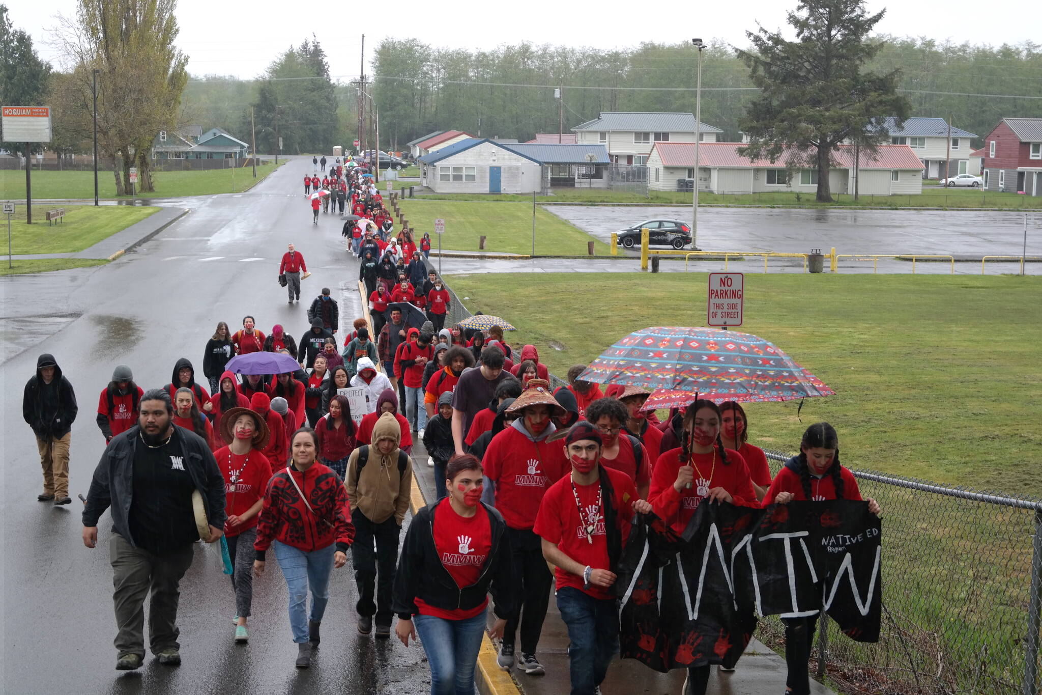 Over 150 students from Hoquiam High School and Hoquiam Middle School participated in an awareness walk for missing and murdered Indigenous women on Thursday, May 5. The event was organized by a group of students from the Native Education program under the guidance of Native Education Coordinator Sandy Ruiz Greenway. Erika Gebhardt I The Daily World
