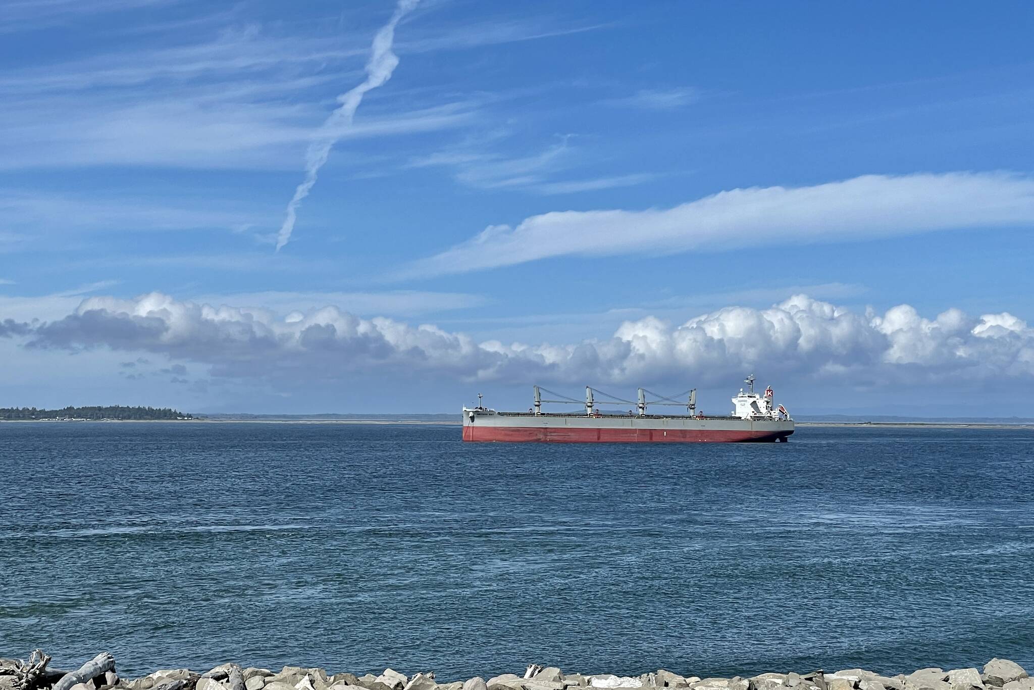 (Michael S. Lockett | The Daily World)
                                A ship lies at anchor off Westport on Sept. 3, 2022. The marina is offering walking tours of the waterfront beginning as of Sept. 19, 2022.